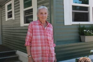 Joan outside her mobile home in Thousand Oaks.